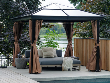 Venus 10x14 Outdoor Gazebo – Brown Polycarbonate Roof with Brown Aluminum Frame and Curtains - Main Image Front Angled View