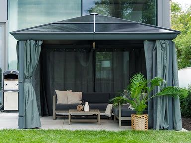 Venus 10x14 Outdoor Gazebo – Slate Polycarbonate Roof with Grey Aluminum Frame and Curtains - Main Image Front View