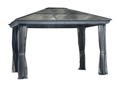 Venus 10x14 Outdoor Gazebo – Slate Polycarbonate Roof with Grey Aluminum Frame and Curtains - Main Product Picture White Background