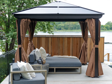 Venus 12x14 Outdoor Gazebo – Brown Polycarbonate Roof with Brown Aluminum Frame and Curtains - Main Image Front View