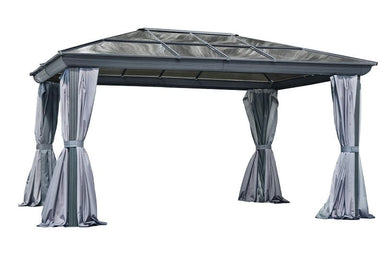 Venus 12x14 Outdoor Gazebo – Slate Polycarbonate Roof with Grey Aluminum Frame and Curtains - Main Product Picture White Background