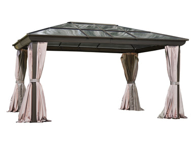 Venus 12x16 Outdoor Gazebo – Brown Polycarbonate Roof with Brown Aluminum Frame and Curtains - Main Product Picture White Background