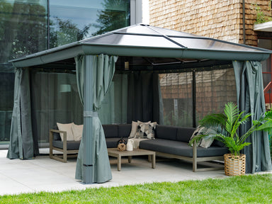 Venus 12x16 Outdoor Gazebo – Slate Polycarbonate Roof with Grey Aluminum Frame and Curtains - Angled Front View