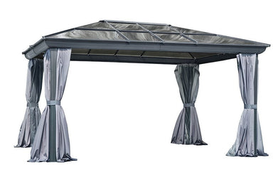 Venus 12x16 Outdoor Gazebo – Slate Polycarbonate Roof with Grey Aluminum Frame and Curtains - Main Product Picture  White Background