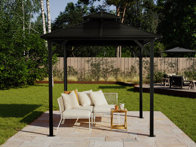 Shefford 8x8 Outdoor Gazebo – Black Aluminum Frame with Sloped Metal Roof - Main Picture Front View with Furniture