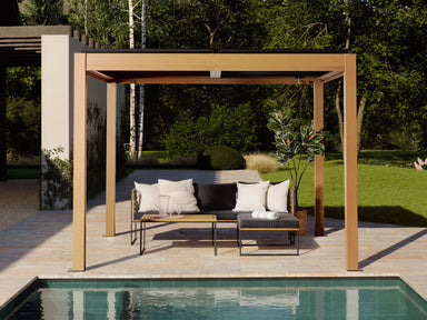 Viken Pergola – 10’ x 10’ Aluminum & Galvanized Steel with Wood Finish - Main Picture Front View